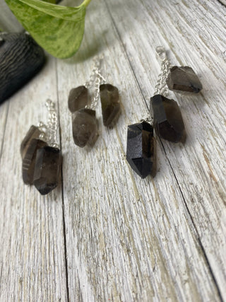 Smoky Quartz Triple Raw Point Pendant - Grounding from Curious Muse Crystals Tagged with balance stone, brown, brown quartz, clear, crystal jewelry, crystal necklace, gemstone jewelry, grounding, healing jewelry, hide-notify-btn, natural crystal, necklace, raw point pendant, raw stone jewelry, smoky quartz, stress release