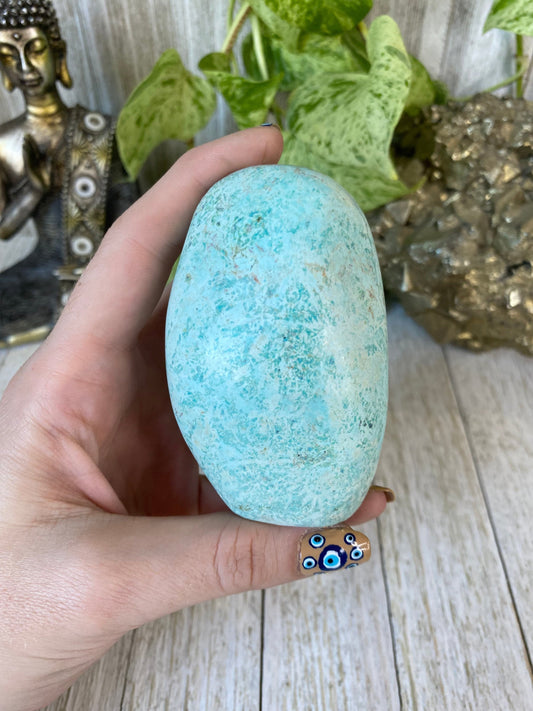 Peruvian Turquoise Freeform - Tranquility from Curious Muse Crystals for 32.00. Tagged with blue crystal stone, calming energy, chakra opening, crystal healing, freeform, genuine crystal, good fortune, hide-notify-btn, meditation, Peruvian turquoise, polished turquoise, protection, reiki work, turquoise, turquoise specimen, wisdom tranquility