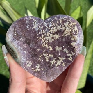 Amethyst Heart with Calcite | Brazil from Curious Muse Crystals Tagged with amethyst, amethyst and calcite, amethyst geode heart, aura cleansing, brazilian amethyst, crown chakra opening, crystal heart, emotional balance, genuine crystal, high quality natural, intuition crystal, meditation crytsal, mineral collection, modern witch, peace and balance, purple