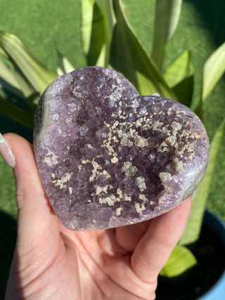 Amethyst Heart with Calcite | Brazil from Curious Muse Crystals for 40. Tagged with amethyst, amethyst and calcite, amethyst geode heart, aura cleansing, brazilian amethyst, crown chakra opening, crystal heart, emotional balance, genuine crystal, high quality natural, intuition crystal, meditation crytsal, mineral collection, modern witch, peace and balance, purple