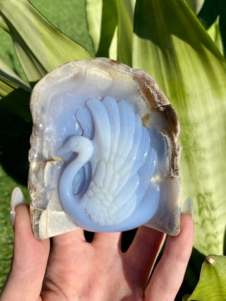 Blue Chalcedony Hand Carved Swan Bird Geode from Curious Muse Crystals for 200. Tagged with angel energy, animal carving, animal guide, blue, blue chalcedony, blue stone geode, calming crystal, chalcedony, Crystal carving, feather omen, feng shui, hand carved geode, home decor stone, stone bird, swan crystal carving