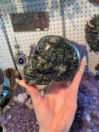 Kambaba Jasper Skull - Fossil Algae - Ancestor Work from Curious Muse Crystals Tagged with black, carving, Crystal healing, fossil, genuine crystal, green, hide-notify-btn, jasper, Kambaba jasper, natural mineral, raw mineral, reiki crystal, skull