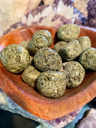 Epidote Tumbled Stone - Abundance & Synchronicity from Curious Muse Crystals Tagged with Crystal healing, dark green stone, epidote, genuine crystal, green, hearth chakra, manifestation, mineral collection, natural mineral, peru, Peruvian Epidote, reiki healing, synchronicity, tumbled stone