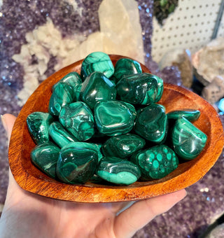 Malachite Tumbled Stone - Manifestation and Prosperity from Curious Muse Crystals Tagged with copper stone, Crystal healing, dark green stone, genuine crystal, green, hearth chakra, malachite, malachite polished, manifestation, mineral collection, natural mineral, prosperity wealth, reiki healing, tumbled stone