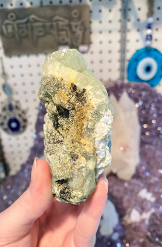 Prehnite with Epidote Raw Cluster - Heart Healer and Synchronicity from Curious Muse Crystals for 36. Tagged with Crystal healing, genuine crystal, green, hide-notify-btn, Mali, natural mineral, prehnite, raw mineral, reiki crystal