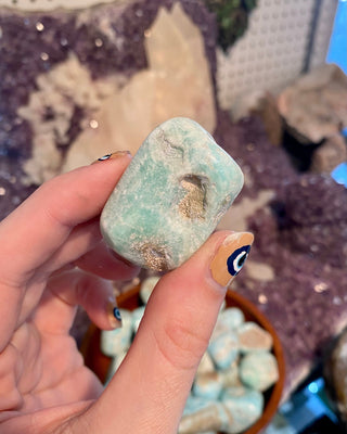 Blue Aragonite Tumbled Stone | UV Reactive from Curious Muse Crystals Tagged with anxiety stone, banded aragonite, blue, Crystal healing, earth healing, genuine crystal, geopathic stress, gridding crystal, grounding crystal, reiki work, stress release, tumbled stone