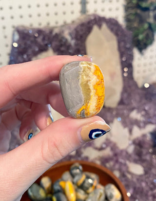 Bumblebee Jasper Tumbled Stone from Curious Muse Crystals Tagged with bumblebee jasper, hide-notify-btn, orange, reiki healing, tumbled stone, yellow