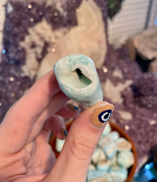 Blue Aragonite Tumbled Stone | UV Reactive from Curious Muse Crystals Tagged with anxiety stone, banded aragonite, blue, Crystal healing, earth healing, genuine crystal, geopathic stress, gridding crystal, grounding crystal, reiki work, stress release, tumbled stone