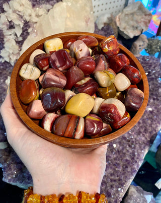Mookaite Tumbled Stone - Australian Jasper from Curious Muse Crystals Tagged with Crystal healing, genuine crystal, heart stone, high vibrational, January birthstone, jasper, mineral specimen, mookaite, purple, red, reiki work, tumbled stone, yellow
