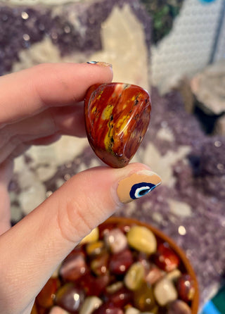 Mookaite Tumbled Stone - Australian Jasper from Curious Muse Crystals for 2.50. Tagged with Crystal healing, genuine crystal, heart stone, high vibrational, January birthstone, jasper, mineral specimen, mookaite, purple, red, reiki work, tumbled stone, yellow