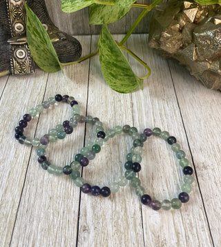 Fluorite 8mm Round Bead Crystal Bracelet from Curious Muse Crystals Tagged with 8mm beads, blue, bracelet, clear, crystal jewelry, fluorite, gemstone bead, gemstone jewelry, green, healing jewelry, heart healing, magician stone, memory stone, natural crystal, purple, rainbow fluorite, student stone