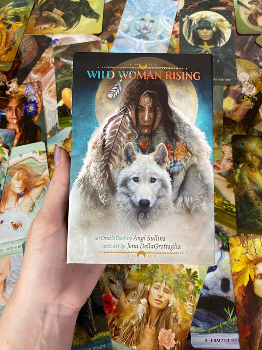 Wild Woman Rising Oracle Deck - Alternative Divination - Gilded Oracle Cards from Blue Angel Inc for 26.95. Tagged with alternative tarot, animal guide oracle, animal oracle, deck, divination tool, female oracle deck, gilded edge, gilt edge tarot card, gold foil, illuminated tarot, oracle, self love oracle, throat chakra, wild woman rising, with guidebook
