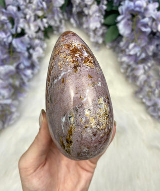 Purple Red Ocean Jasper Bloop - Pastel Orbicular Jasper Freeform from Curious Muse Crystals for 75. Tagged with Crystal healing, drusy pocket, hide-notify-btn, jasper, Madagascar mineral, mineral collection, natural mineral, ocean jasper, Orbicular jasper, peace and calming, purple, red, reiki healing