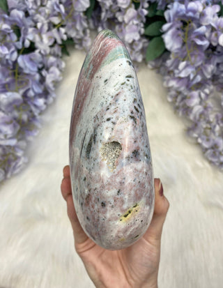 Ocean Jasper Bloop with Sparkly Pyrite Flakes from Curious Muse Crystals Tagged with Crystal healing, drusy pocket, gold, hide-notify-btn, jasper, Madagascar mineral, mineral collection, natural mineral, ocean jasper, Orbicular jasper, peace and calming, purple, reiki healing, white