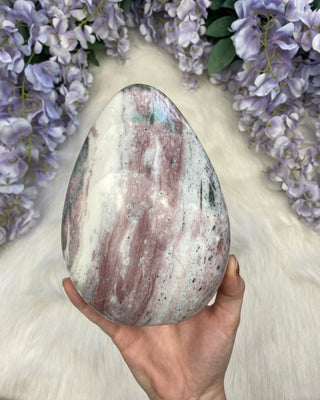 Ocean Jasper Bloop with Sparkly Pyrite Flakes from Curious Muse Crystals Tagged with Crystal healing, drusy pocket, gold, hide-notify-btn, jasper, Madagascar mineral, mineral collection, natural mineral, ocean jasper, Orbicular jasper, peace and calming, purple, reiki healing, white