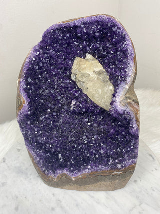 Deep Purple Amethyst with Calcite | Cut Base Geode from Uruguay from Curious Muse Crystals Tagged with aaa grade crystal, amethyst, Amethyst Cluster, calcite on amethyst, cut base amethyst, emotional balance, extra dark amethyst, goethite amethyst, high grade, high vibrational, purple, spiritual protection, third eye, unique amethyst, Uruguay geode