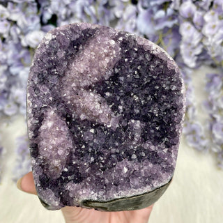 Amethyst over Calcite | Unique Formation | Cut Base Geode from Brazil from Curious Muse Crystals for 75. Tagged with aaa grade crystal, amethyst, Amethyst Cluster, amethyst on calcite, Brazilian amethyst, cut base amethyst, emotional balance, goethite amethyst, high grade, high vibrational, purple, spiritual protection, third eye, unique amethyst