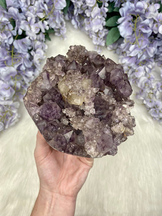 Amethyst with Calcite and Goethite | Brazil from Curious Muse Crystals Tagged with aaa grade crystal, amethyst, Amethyst Cluster, calcite on amethyst, cut base amethyst, emotional balance, extra dark amethyst, fine mineral, goethite amethyst, high grade, high vibrational, purple, raw mineral, spiritual protection, third eye, unique amethyst, Uruguay geode