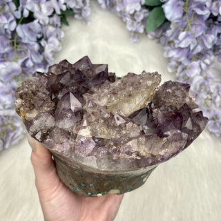 Amethyst with Calcite and Goethite | Brazil from Curious Muse Crystals Tagged with aaa grade crystal, amethyst, Amethyst Cluster, calcite on amethyst, cut base amethyst, emotional balance, extra dark amethyst, fine mineral, goethite amethyst, high grade, high vibrational, purple, raw mineral, spiritual protection, third eye, unique amethyst, Uruguay geode