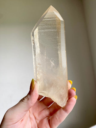 Tangerine Lemurian Seed Quartz - Raw Point Wand from Curious Muse Crystals for 222. Tagged with clear, Crystal healing, genuine crystal, hide-notify-btn, high quality natural, lemurian, Lemurian Quartz, Lemurian seed, lemurian wand, mineral collection, natural mineral, orange, quartz, reiki healing, tangerine quartz