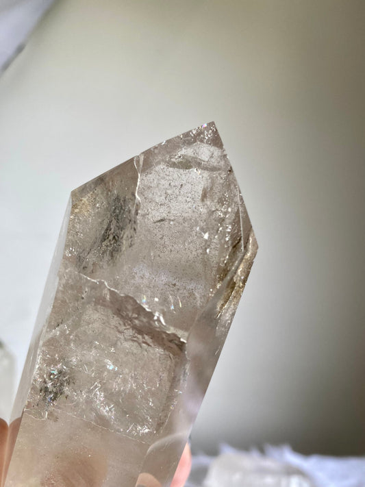Lemurian Quartz Polished Tower | Rainbow Inclusions | Six Side Generator from Curious Muse Crystals for 111.00. Tagged with clear quartz, Crown crystal, hide-notify-btn, lemurian, lemurian generator, Lemurian Quartz, lemurian seed, rainbow, tower