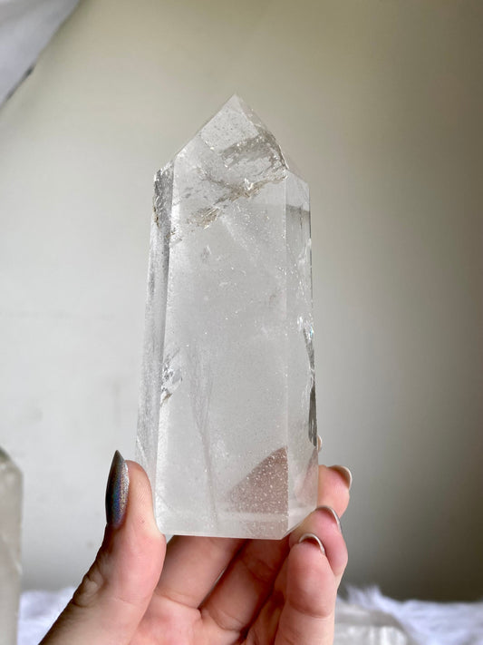 Lemurian Clear Quartz Polished Tower | Six Side Generator from Curious Muse Crystals for 111.00. Tagged with brazil, Crown crystal, generator, hide-notify-btn, lemurian, lemurian generator, Lemurian Quartz, lemurian seed, quartz, tower
