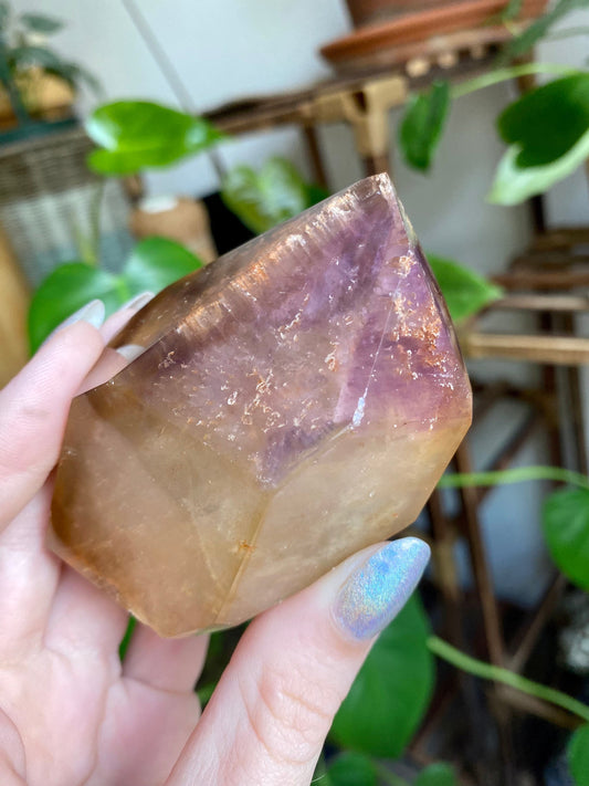Dreamcoat Lemurian Generator - Polished Brazilian Tower Crystal from Curious Muse Crystals for 138.00. Tagged with clear brazil quartz, dreamcoat lemurian, goethite rutile, hematite amethyst, hide-notify-btn, lemurian, lemurian generator, lemurian seed, secondary growth, super seven, synergy seven