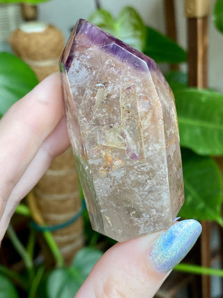 Dreamcoat Lemurian Generator - Polished Brazilian Tower Crystal from Curious Muse Crystals for 88. Tagged with clear, clear brazil quartz, dreamcoat lemurian, goethite rutile, hematite amethyst, hide-notify-btn, lemurian, lemurian generator, lemurian seed, purple, red, secondary growth, super seven, synergy seven, yellow