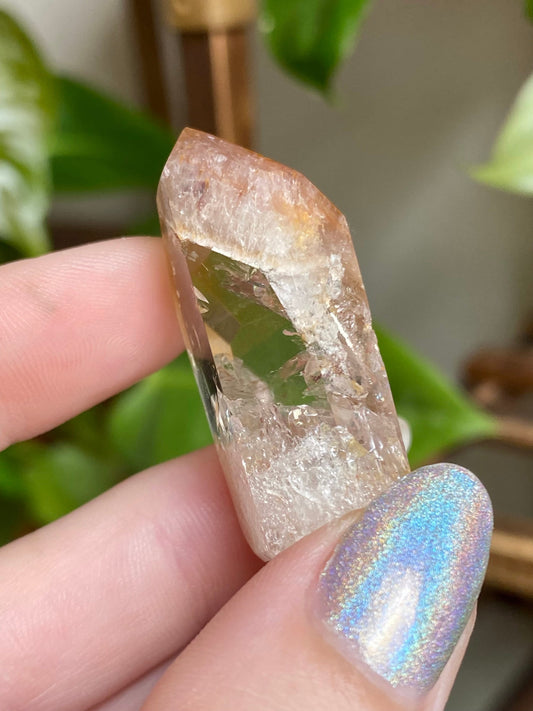 Dreamcoat Lemurian Generator - Polished Brazilian Tower Crystal from Curious Muse Crystals for 18.00. Tagged with clear brazil quartz, dreamcoat lemurian, goethite rutile, hematite amethyst, hide-notify-btn, lemurian, lemurian generator, lemurian seed, secondary growth, super seven, synergy seven