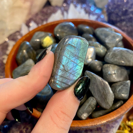 Flashy Labradorite Tumbled Stone from Curious Muse Crystals for 3. Tagged with aaa grade lab, blue green flash, Crystal Healing, crystal healing tool, flashy labradorite, full flash lab, madagascar lab, meditation tool, psychic protection, reiki healing, tumbled stone