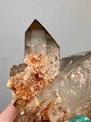 Smoky Pink Samadhi Double Terminated Quartz Cluster | High Altitude Himalayan Crystal from Curious Muse Crystals for 128. Tagged with clear, hide-notify-btn, high altitude quartz, High vibration stone, Himalayan Quartz, pink, Pink Himalayan, pink quartz cluster, Samadhi Quartz, Smoky Samadhi Quartz
