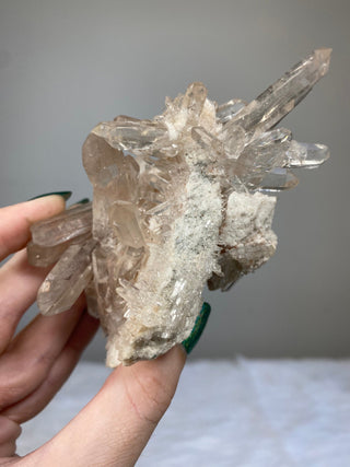 Pink Samadhi Quartz Cluster - High Altitude Himalayan Crystal from Curious Muse Crystals Tagged with clear, hide-notify-btn, high altitude quartz, High vibration stone, Himalayan Quartz, pink, Pink Himalayan, pink quartz cluster, quartz, Samadhi Quartz