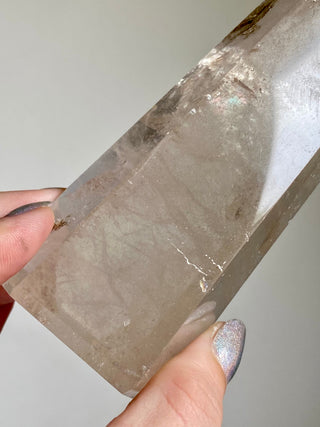 Lemurian Quartz Polished Tower | Rainbow Inclusions | Six Side Generator from Curious Muse Crystals for 111. Tagged with clear, clear quartz, Crown crystal, hide-notify-btn, lemurian, lemurian generator, Lemurian Quartz, lemurian seed, rainbow, tower