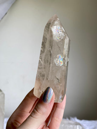 Lemurian Quartz Polished Tower | Rainbow Inclusions | Six Side Generator from Curious Muse Crystals Tagged with clear, clear quartz, Crown crystal, hide-notify-btn, lemurian, lemurian generator, Lemurian Quartz, lemurian seed, rainbow, tower