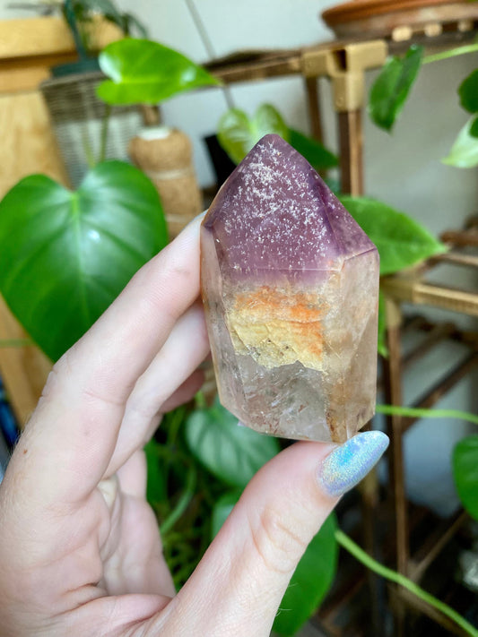 Dreamcoat Lemurian Generator - Polished Brazilian Tower Crystal from Curious Muse Crystals for 88.00. Tagged with clear brazil quartz, dreamcoat lemurian, goethite rutile, hematite amethyst, hide-notify-btn, lemurian, lemurian generator, lemurian seed, secondary growth, super seven, synergy seven