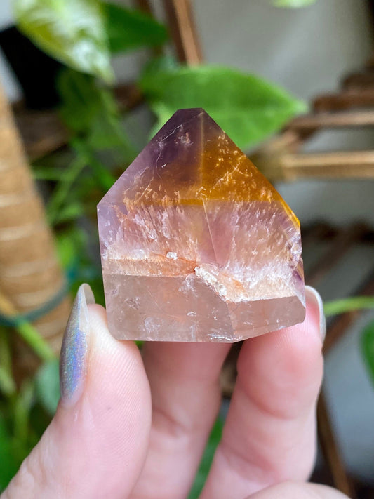 Dreamcoat Lemurian Generator - Polished Brazilian Tower Crystal from Curious Muse Crystals for 42.00. Tagged with clear brazil quartz, dreamcoat lemurian, goethite rutile, hematite amethyst, hide-notify-btn, lemurian, lemurian generator, lemurian seed, secondary growth, super seven, synergy seven