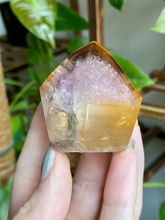 Dreamcoat Lemurian Generator - Polished Brazilian Tower Crystal from Curious Muse Crystals for 70.00. Tagged with clear brazil quartz, dreamcoat lemurian, goethite rutile, hematite amethyst, hide-notify-btn, lemurian, lemurian generator, lemurian seed, secondary growth, super seven, synergy seven