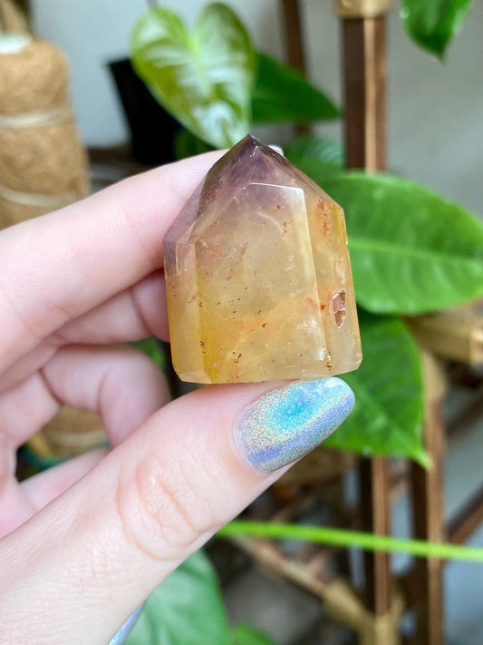 Dreamcoat Lemurian Generator - Polished Brazilian Tower Crystal from Curious Muse Crystals for 32.00. Tagged with clear brazil quartz, dreamcoat lemurian, goethite rutile, hematite amethyst, hide-notify-btn, lemurian, lemurian generator, lemurian seed, secondary growth, super seven, synergy seven