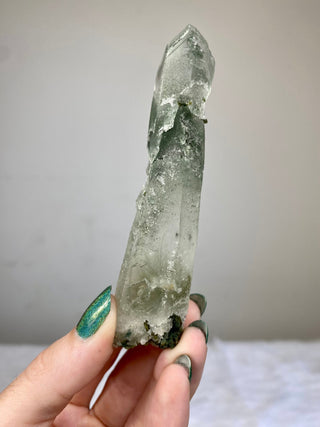 Epidote on Nirvana Quartz Point with Green Chlorite Phantoms - High Altitude Himalayan Crystal from Curious Muse Crystals for 62. Tagged with chlorite, clear, epidote, green, hide-notify-btn, high altitude quartz, Himalayan quartz, nirvana quartz, quartz