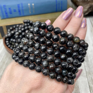 Astrophyllite 8mm Round Bead Crystal Bracelet from Curious Muse Crystals Tagged with 8mm beads, astrophyllite, black, bracelet, crystal jewelry, gemstone bead, gemstone jewelry, healing jewelry, silver
