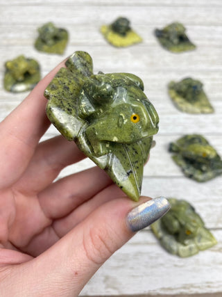 Serpentine Frog on Leaf Carving from Peru from Curious Muse Crystals Tagged with animal carving, frog carving, green, Peru, serpentine