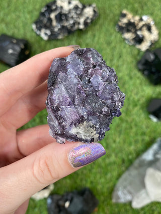 Erongo Fluorite with Tourmaline - High Grade from Curious Muse Crystals for 42. Tagged with black, erongo, fine mineral, fluorite, hide-notify-btn, namibia, purple, raw, tourmaline