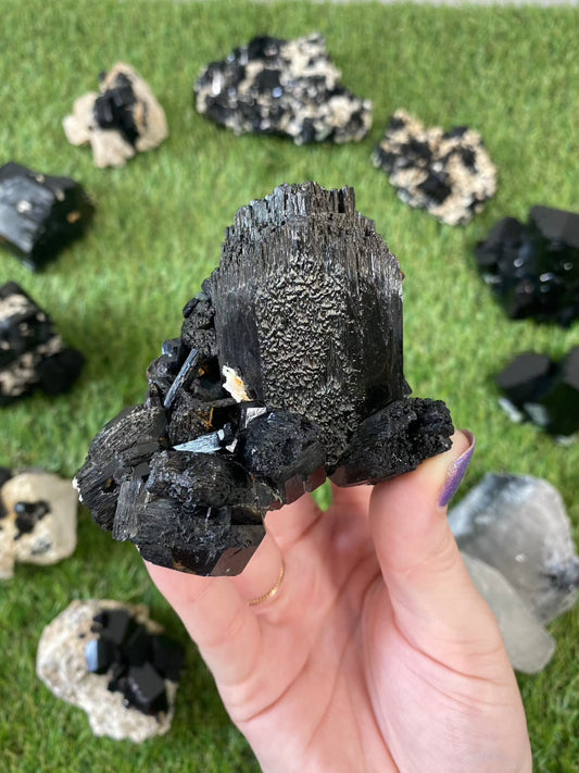 Erongo Foitite Black Tourmaline Raw Cluster - High Grade from Curious Muse Crystals for 333. Tagged with black, erongo, fine mineral, foitite, hide-notify-btn, namibia, raw, tourmaline
