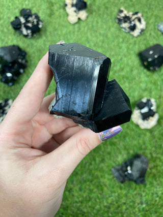 Erongo Black Tourmaline with Hyalite Opal Twin Cluster - High Grade from Curious Muse Crystals Tagged with black, Erongo, fine mineral, hide-notify-btn, hyalite, Namibia, opal, raw, tourmaline, uv reactive