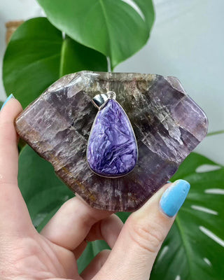 Charoite in Sterling Silver Pendant | Spiritual Awareness from Curious Muse Crystals for 107. Tagged with charoite, crystal energy, Crystal Jewelry, hide-notify-btn, Pendant, purple, reiki healing, silver crystal jewel, Sterling, sterling silver