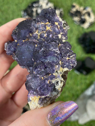 Erongo Fluorite with Tourmaline - High Grade from Curious Muse Crystals for 145. Tagged with black, erongo, fine mineral, fluorite, hide-notify-btn, namibia, purple, raw, tourmaline