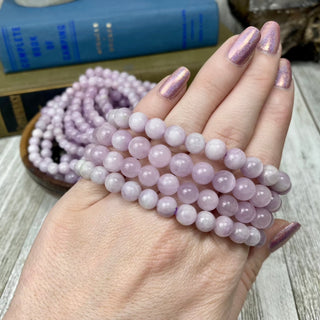 Kunzite Round Bead Crystal Bracelet from Curious Muse Crystals for 15. Tagged with 8mm beads, bracelet, crystal jewelry, gemstone bead, gemstone jewelry, healing jewelry, kunzite, pink